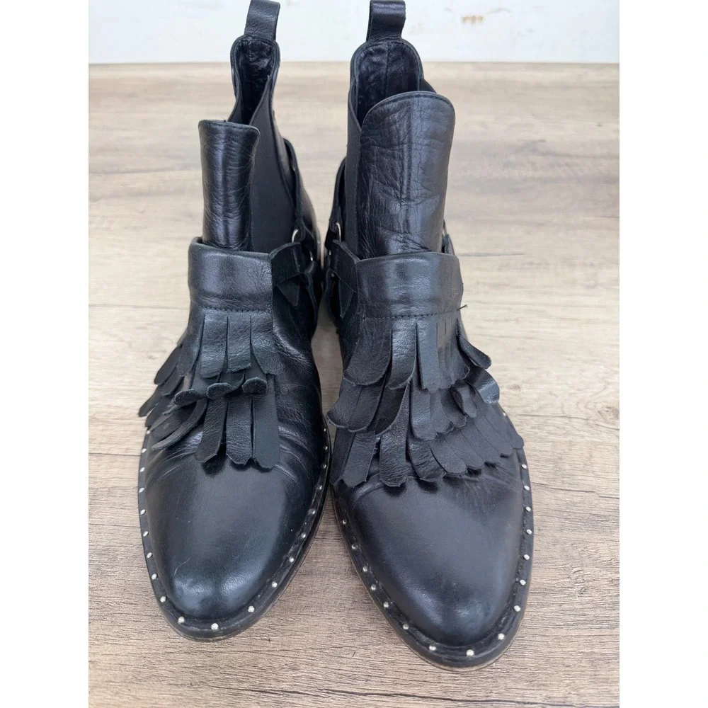 Freda Salvador Black Leather Kiltie Fringe Harness Ankle Boots Studded Size 8
